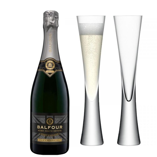 Balfour Leslies Reserve Brut English Sparkling 75cl with LSA Moya Flutes